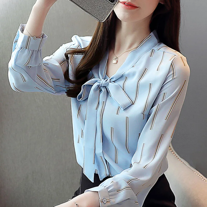 2019 женские шифоновые блузки повседневные Топы с длинным рукавом и V-образным