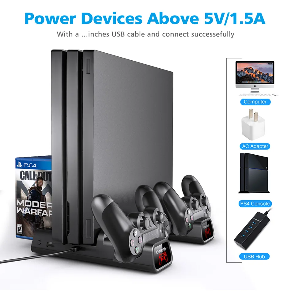 

PS4/SLIM/PRO host cooling base, handle two-seater charger + fan + disc rack with indicator light