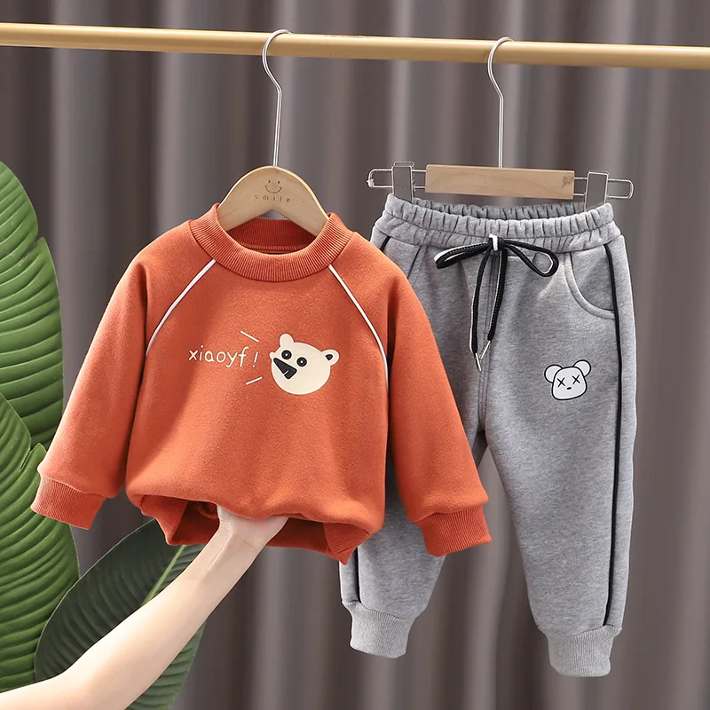 

Children's boys and girls 0-6 years old winter plus velvet suit solid color sweater long-sleeved top sports pants two-piece suit