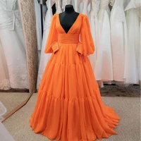 birthday maxi dresses for women party pleated prom dresses long sleeve a line high waist orange chiffon prom evening gown