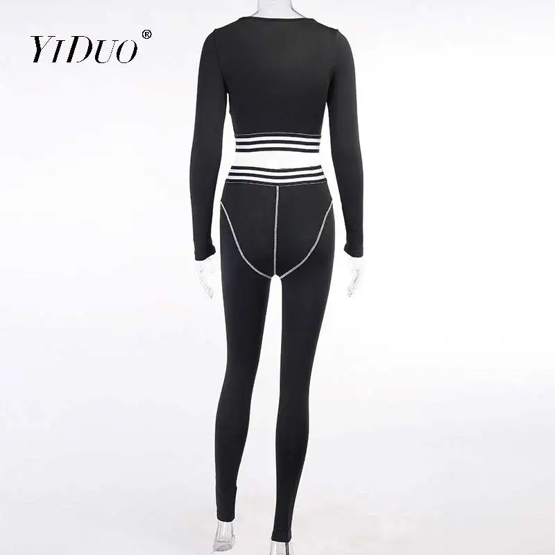 

YiDuo Casual Sporty V-Neck Long Sleeve Two Piece Sets Crop Top And Leggings Women Workout Bodycon Skinny Tracksuits Striped