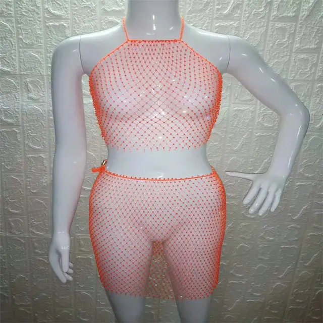 as PARAKINI Sparkly Crystal Diamonds Bikini Beach Women Dress Beach Cover Up Dresses Fishnet Cropped Top Two Pieces Set Beach Dress - Color: as