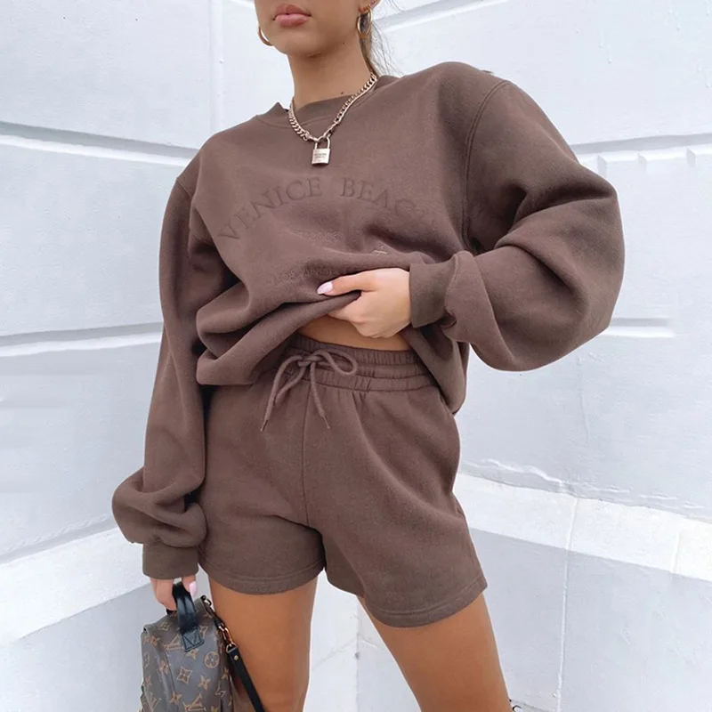 

BJYL Letter Embroidery Women Loose Casual Sweatshirt Fleece Pullovers And Drawstring Shorts Two Pieces Set Thick Tracksuit