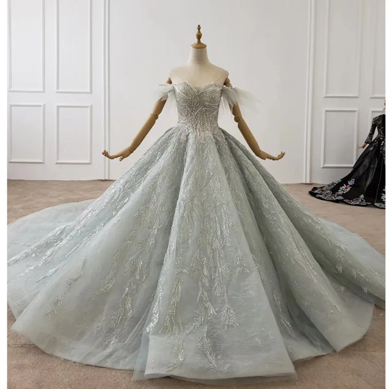 

BGW HT41518 Sequin Bead Top Sexy Wedding Dress Pearl Off Shoulder Long Bride Dress Train With Sequin Vestidos De Fiesta De Noche