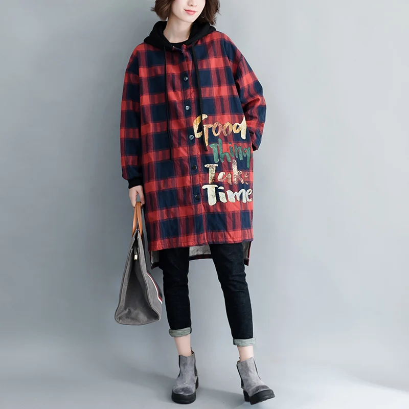 Осень зима 2019 женское длинное плотное красное клетчатое пальто из хлопка с