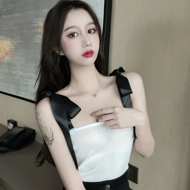 

Women Caution Machine Strap Top Clothes Female Thread Elastic Shoulder Tie Bow Slim Short Sling Vest