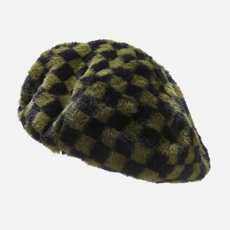 Женский берет с клетчатым принтом шапка из искусственного бархата зимние теплые