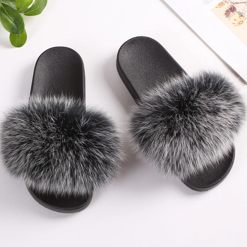 Frost black Модные женские шлепанцы с пушистым лисьим мехом; сандалии с мехом енота; Вьетнамки с мехом; домашние тапочки на плоской подошве; Женская потрясающая пушистая обувь - Цвет: Frost black