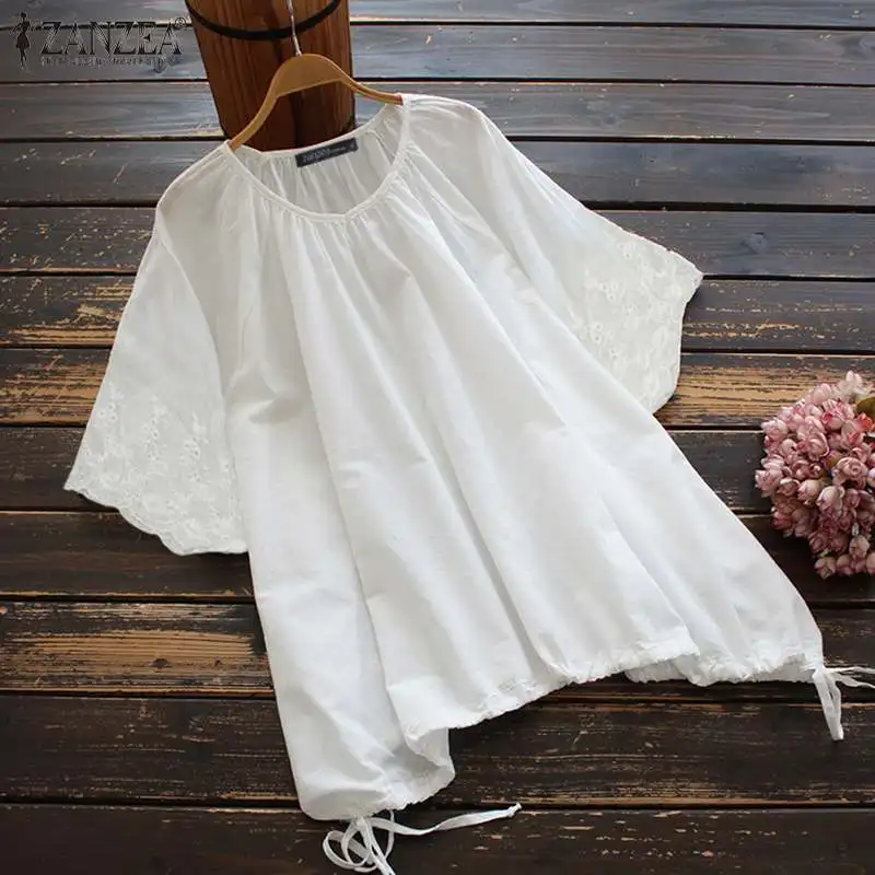 

ZANZEA Women Cotton Linen Tops Vintage Short Sleeve Long Tunic Blouse Retro Solid O Neck Drawstring Blouse Casual Loose Blusas