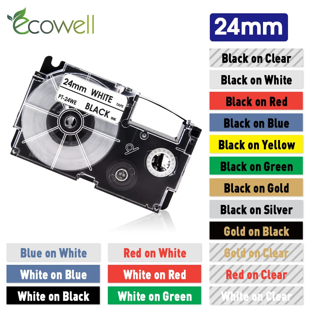 

Ecowell 1Pcs 24mm XR-24WE Compatible for Casio XR-24X XR-24RD XR-24BU XR-24YW XR-24GN label tape for KL-430 KL-820 Label Maker
