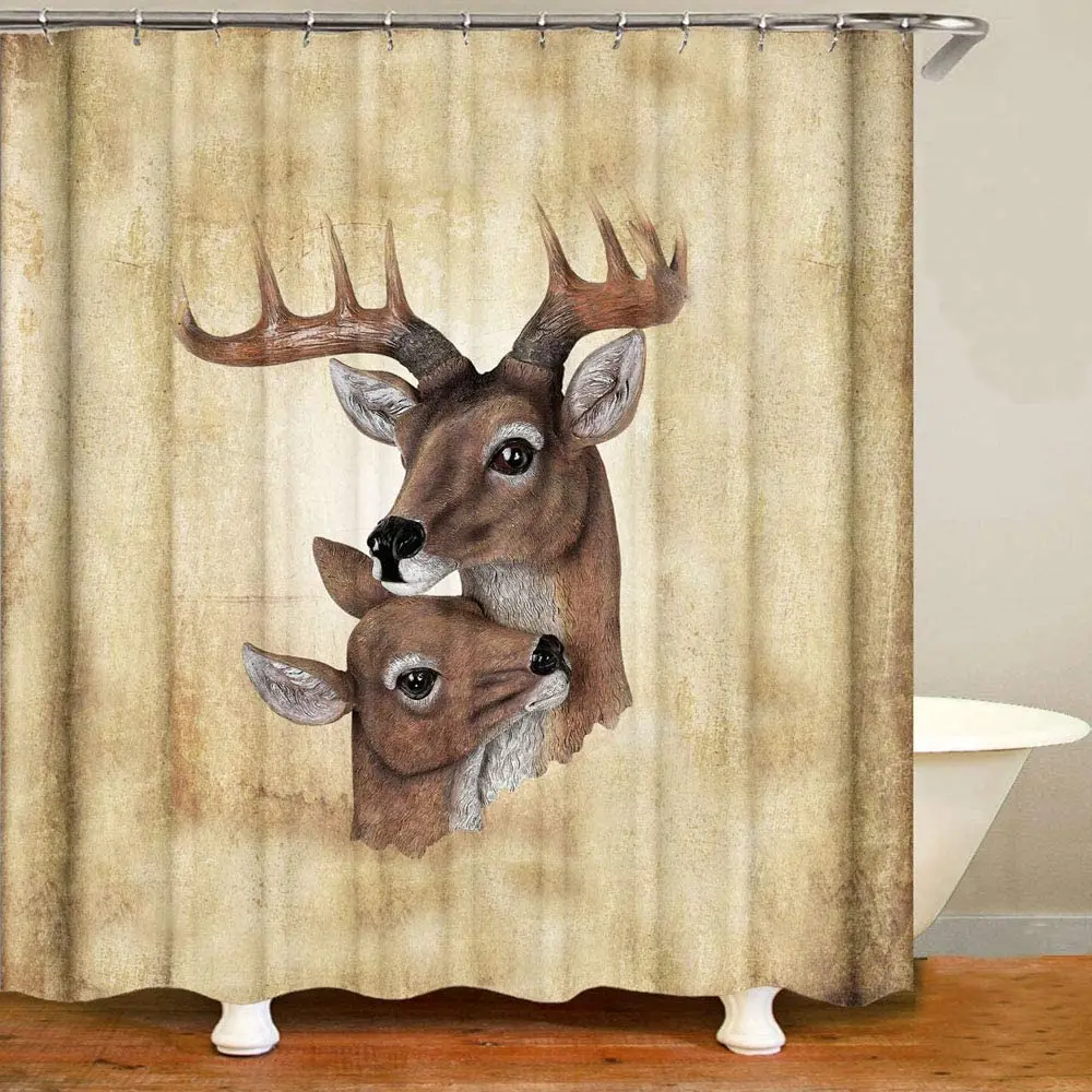 

Vintage Mother and Baby Deer Art Painting Forest Animal Theme Bath Curtain