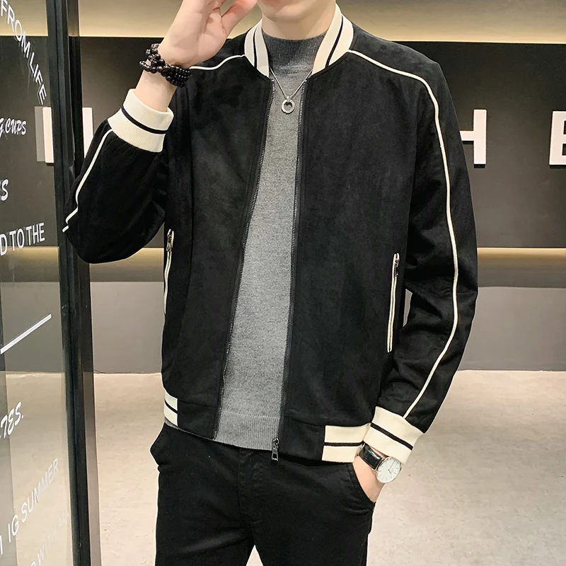 Мужская замшевая куртка-бомбер повседневная винтажная куртка с карманами модель