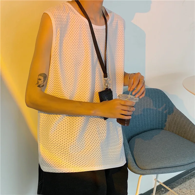 

Summer Hong Kong Style Vest Men's Thin Casual Mesh Hole Breathable Sports Wide Shoulder Outer Wear Basketball Sleeveless T-shirt