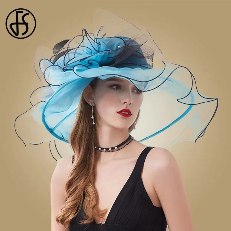 

FS Wedding Hats For Women Elegant Church Fedora Beach Hat Large Wide Brim Kentucky Derby Hats Tea Party Organza Flower Hat