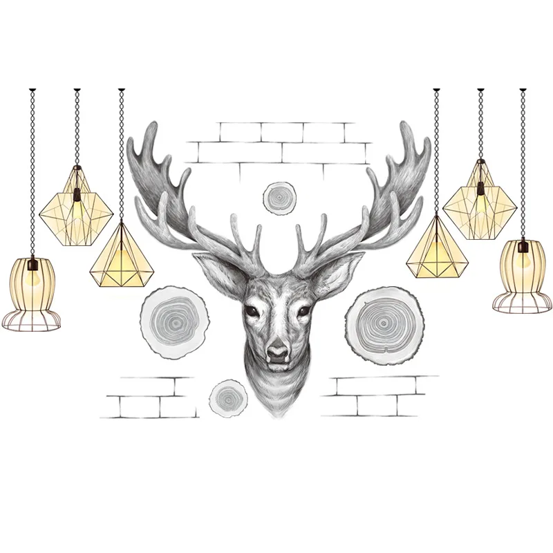 

Nordic Elk Deer Wall Sticker Hanging Lamp Living Room Bedroom Backdrop Decorative Painting Self Adhesive Home Mural