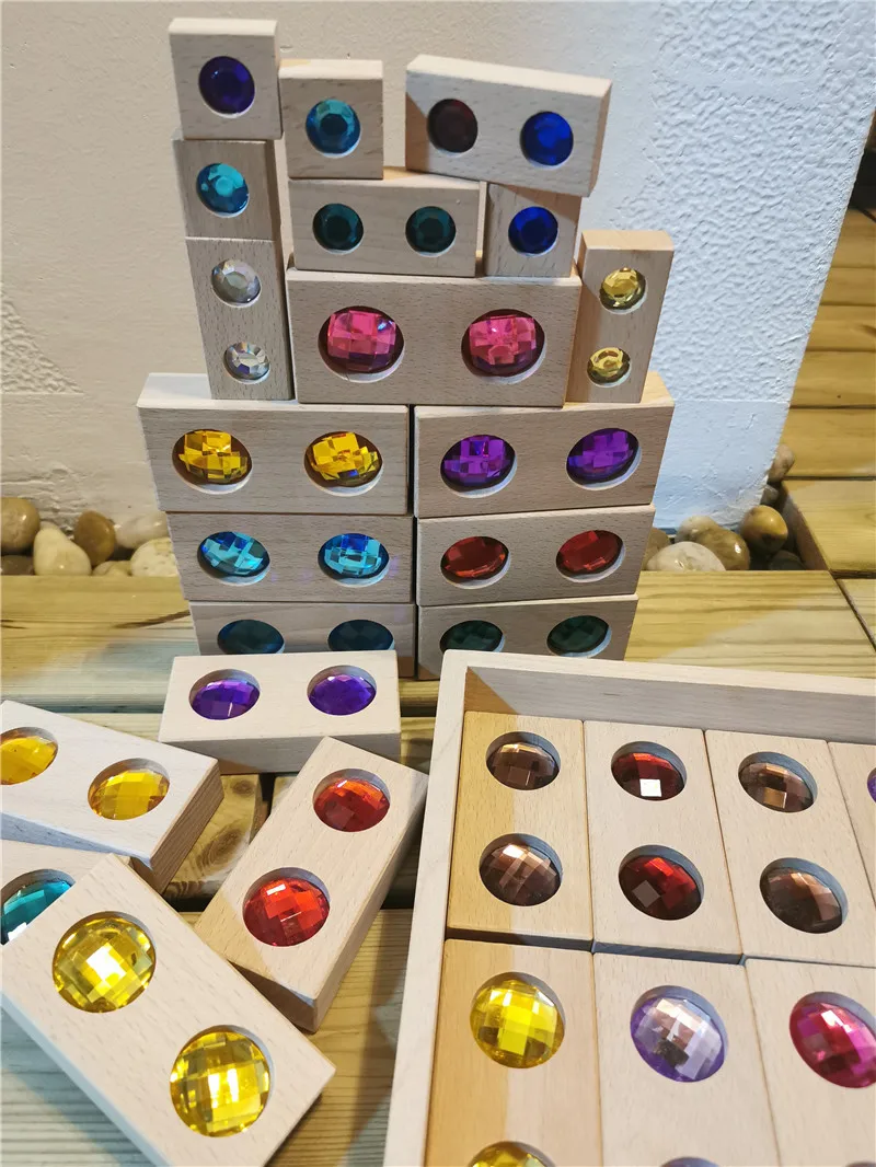 Bloques de construcci&oacute;n de piedras brillantes de acr&iacute;lico para ni&ntilde;os, juguete Montessori de madera, piedras preciosas de madera, bloques de construcci&oacute;n de diamantes de cristal de arco&iacute;ris-4