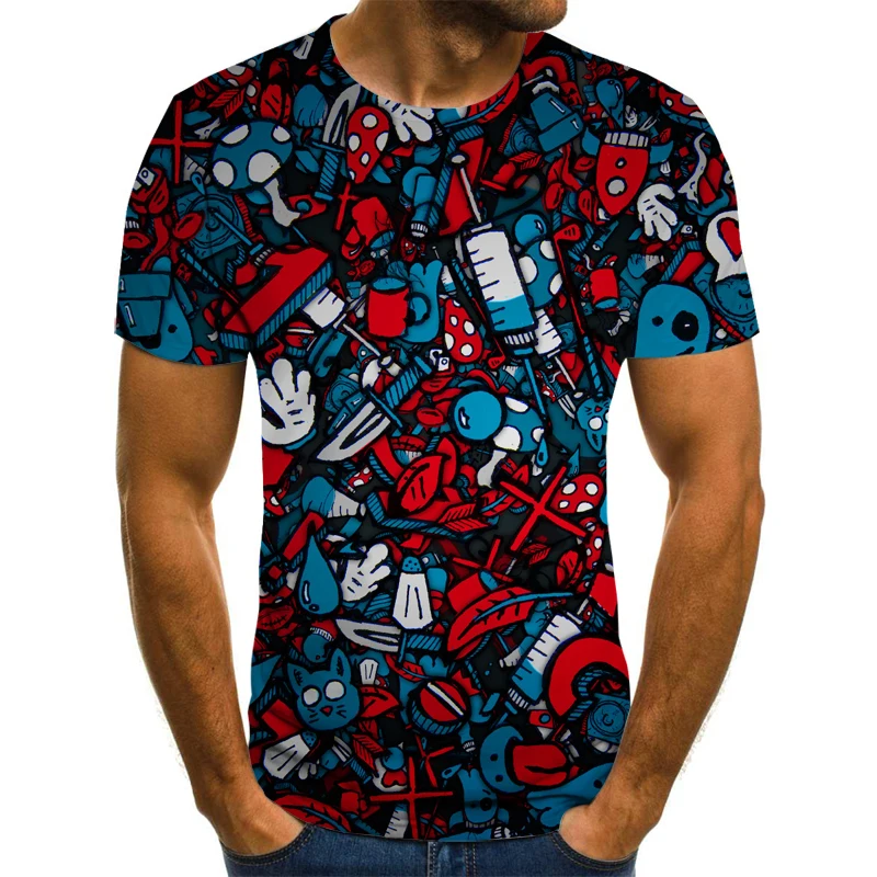 

New summer round neck flower dot T-shirt 3D printing polyester three-dimensional large size men's short-sleeved fashion top