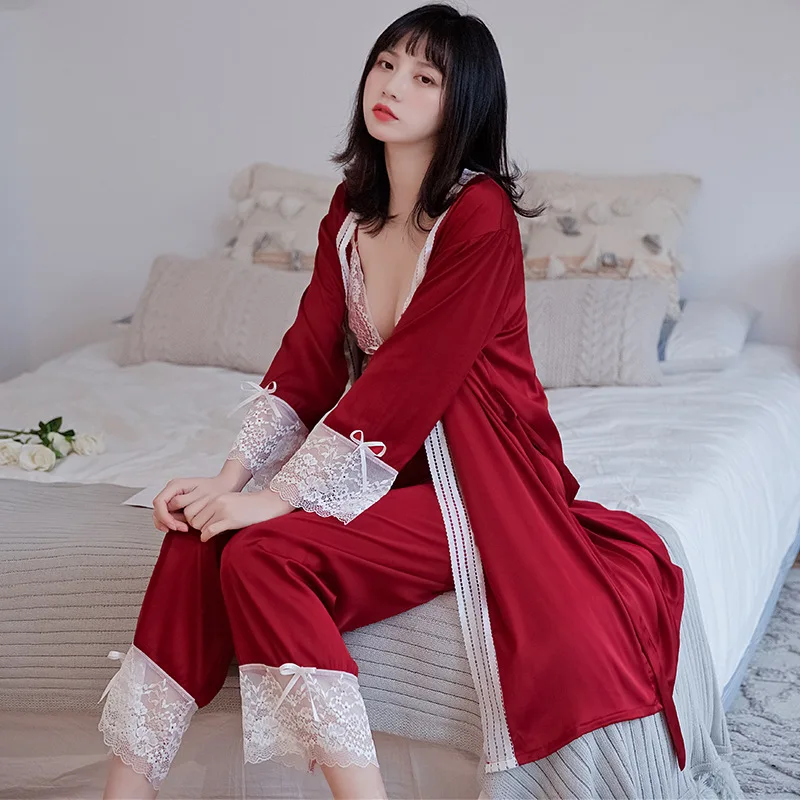 

3PCS Nighty Pajamas Sets Sexy Strap Top&Pants Long Sleeve Womens Satin Lace Sleepwear Spring Lounge Home Wear Pyjamas Nightwear