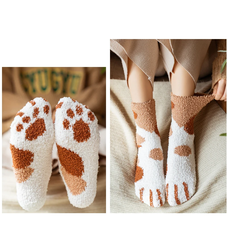 

Kawaii Women Short Sock Winter Cute Funny Cartoon Ladies Plush Floor Slipper Comfy Sleeping Cat Paw Animal Funny Fuzzy Sock