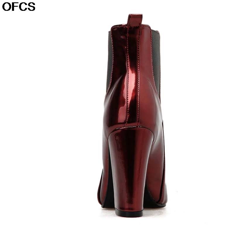 Ботильоны на высоком толстом каблуке Женские ботинки из лакированной кожи с