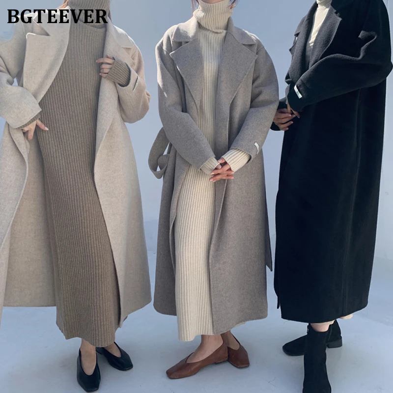 

BGTEEVER Elegant Turn-down Collar Women Woolen Coat Autumn Winter Thicken Warm Full Sleeve Belted Female Long Blend Coats 2021