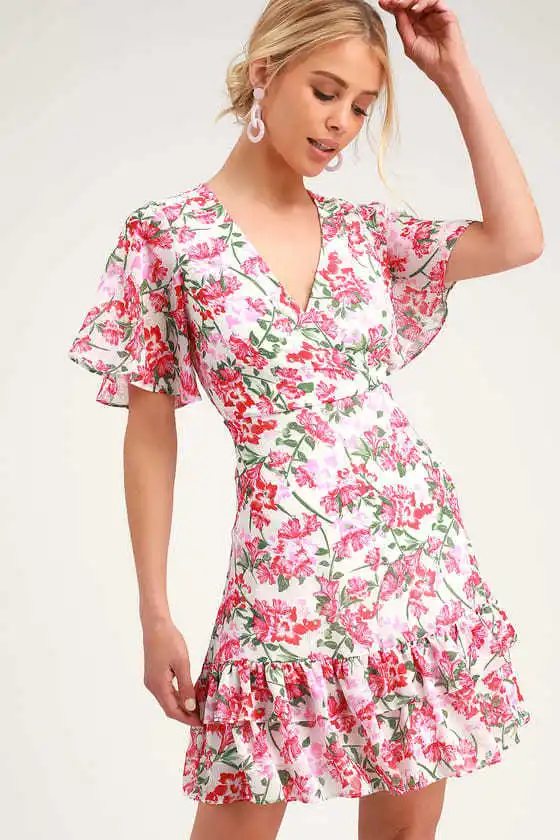 

Floral Print Lotus Sleeve Dress Ethnic New Summer Beach Female Women Dresses V-Neck Floral Printed Beach Holiday Dress Vestido