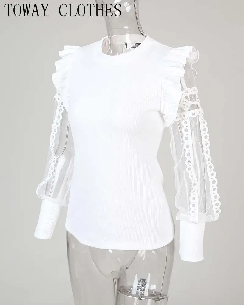 Женская блузка в рубчик с длинным рукавом и круглым вырезом|Блузки| |