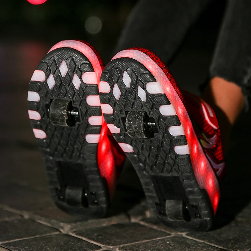 Size 28-40 Kids Roller Sneakers with lights USB Charged LED Shoes Double Wheels Children Boys Girls Luminous Skate | Детская одежда и