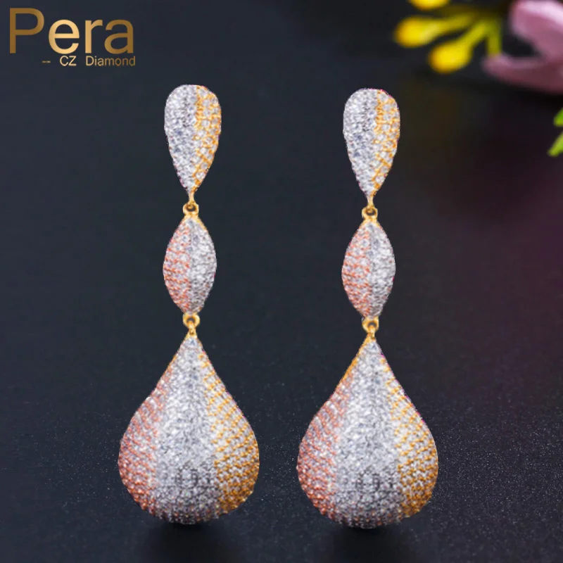 

Pera 65mm Luxury 3 Tone Gold Micro Full CZ Stone Pave Long Water Drop Dangle Earrings for Women Wedding Party Dress Jewelry E598
