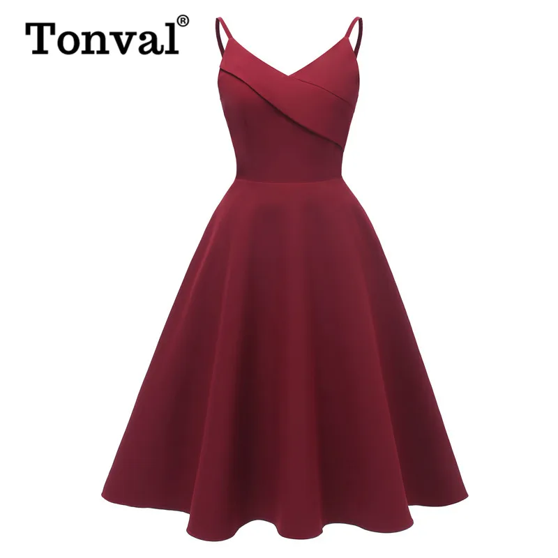 Женское винтажное платье на бретельках Tonval однотонное с запахом и расклешенной