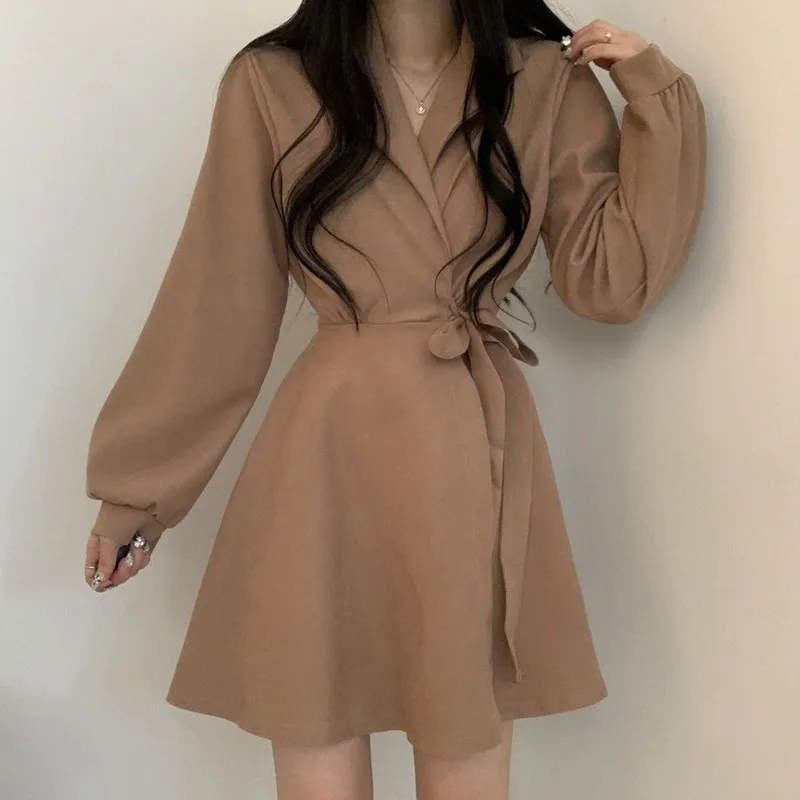 

Turn Down Collar Long Sleeve Dress Women High Waist Hip A Line Vesidos Slim Waist Lace Up Bow Temperament Robe Spring