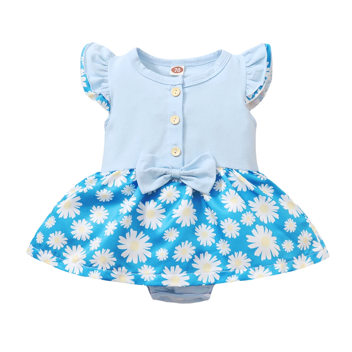 

OPPERIAYA Kids Baby Girls Summer Round Neck Button Casual Bodysuit Cute Fly Sleeve Bow Front Daisy Print Tutu Ruffle Jumpsuit