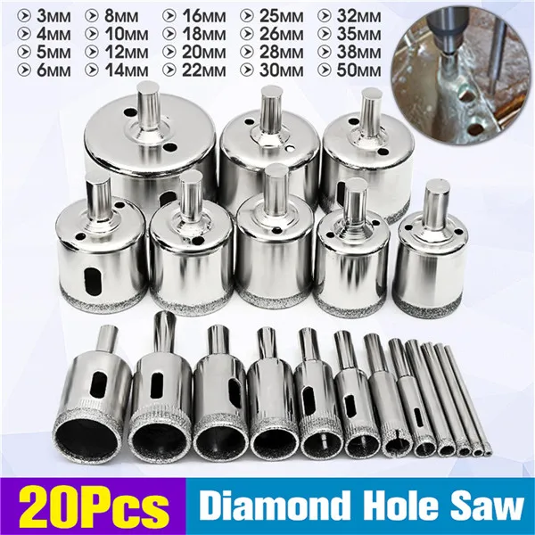 

20 pieces of 3-50mm diamond drill bit set hole saw cutter tool glass marble granite top quality