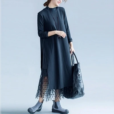 Осеннее женское платье Vinage удобное Двухслойное Черное длинное кружевное Sukienki