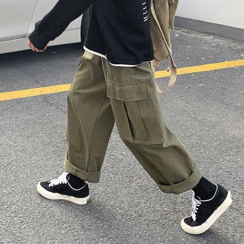 

Trousers For Men Loose Straight Casual Pants Spring Summer Green Black Overalls Men's Korean Trendy Harajuku Wide Leg Pants Man