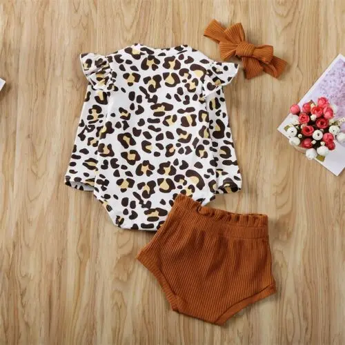

Pudcoco Newborn Baby Girls Clothes Leopard Print Ruffle Bodysuit Jumpsuit Solid Shorts Headband 3PCS Cotton Outfit Clothes Set