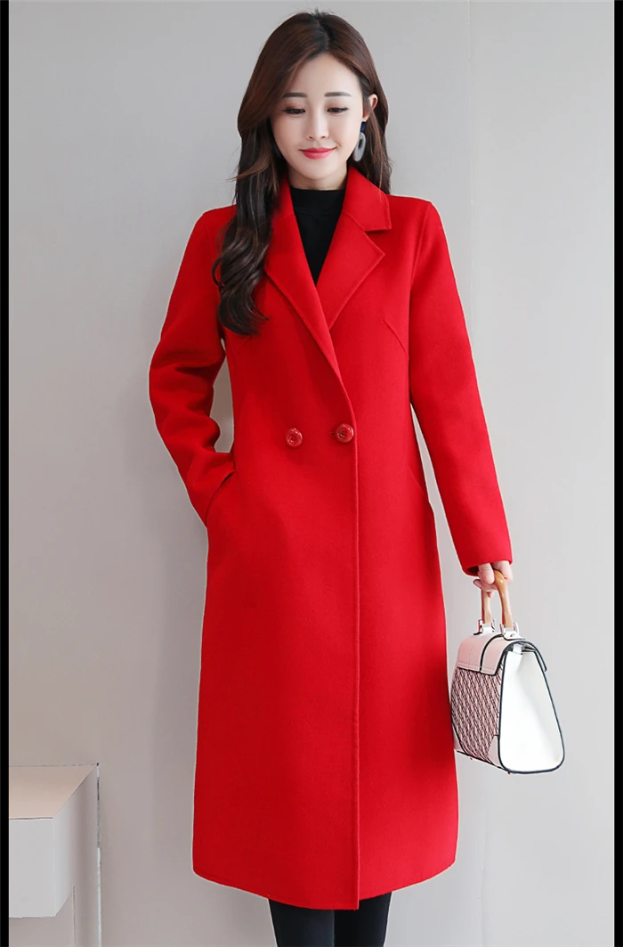 Women Woolen Coat Autumn Winter New Double-breasted Long Sleeve Loose Coats Turn-Down Collar Outwear Plus Size S~3XL