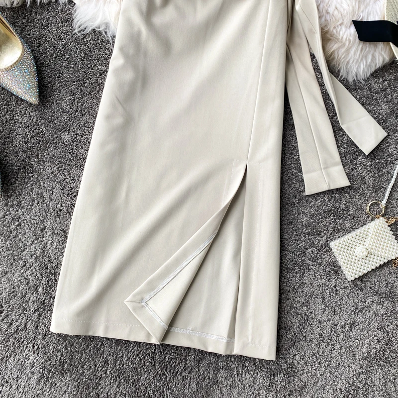 

Mid-long Half-length Skirt Women's High waist One-step Skirt Spring Autumn Hip Skirt Solid color side Open-forked Skirts