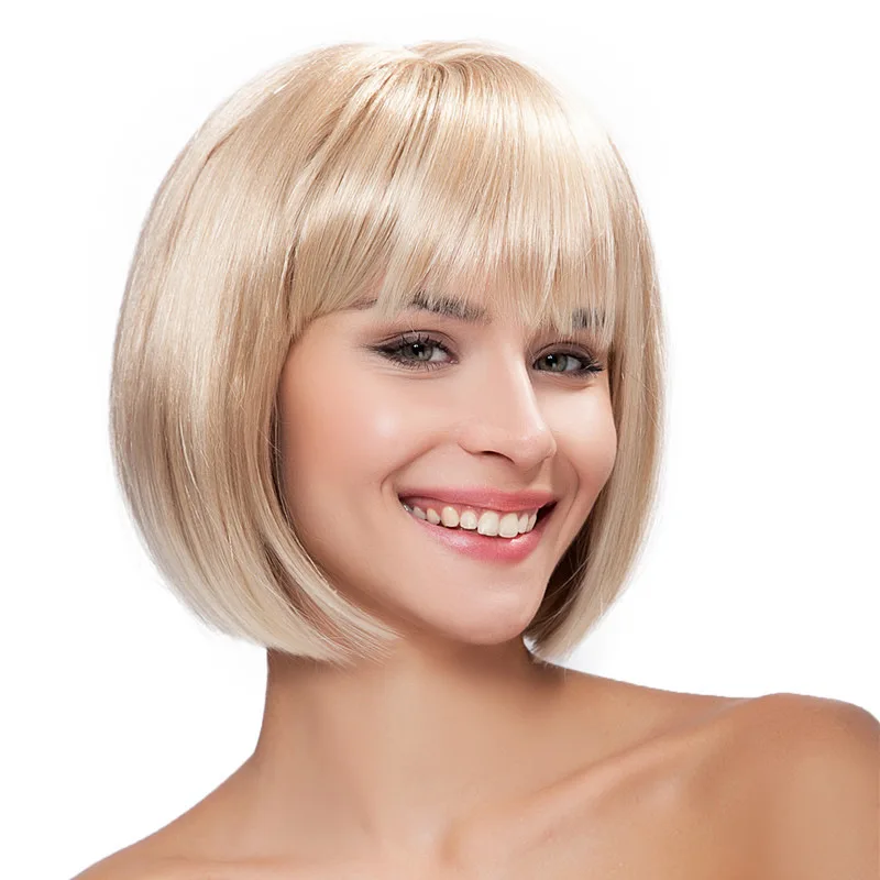 

Short Blonde Bob Straight Wig Synthetic Wig With Bangs For Daily Party Use Heat Resistant Fiber Wig For Women Nature Looking