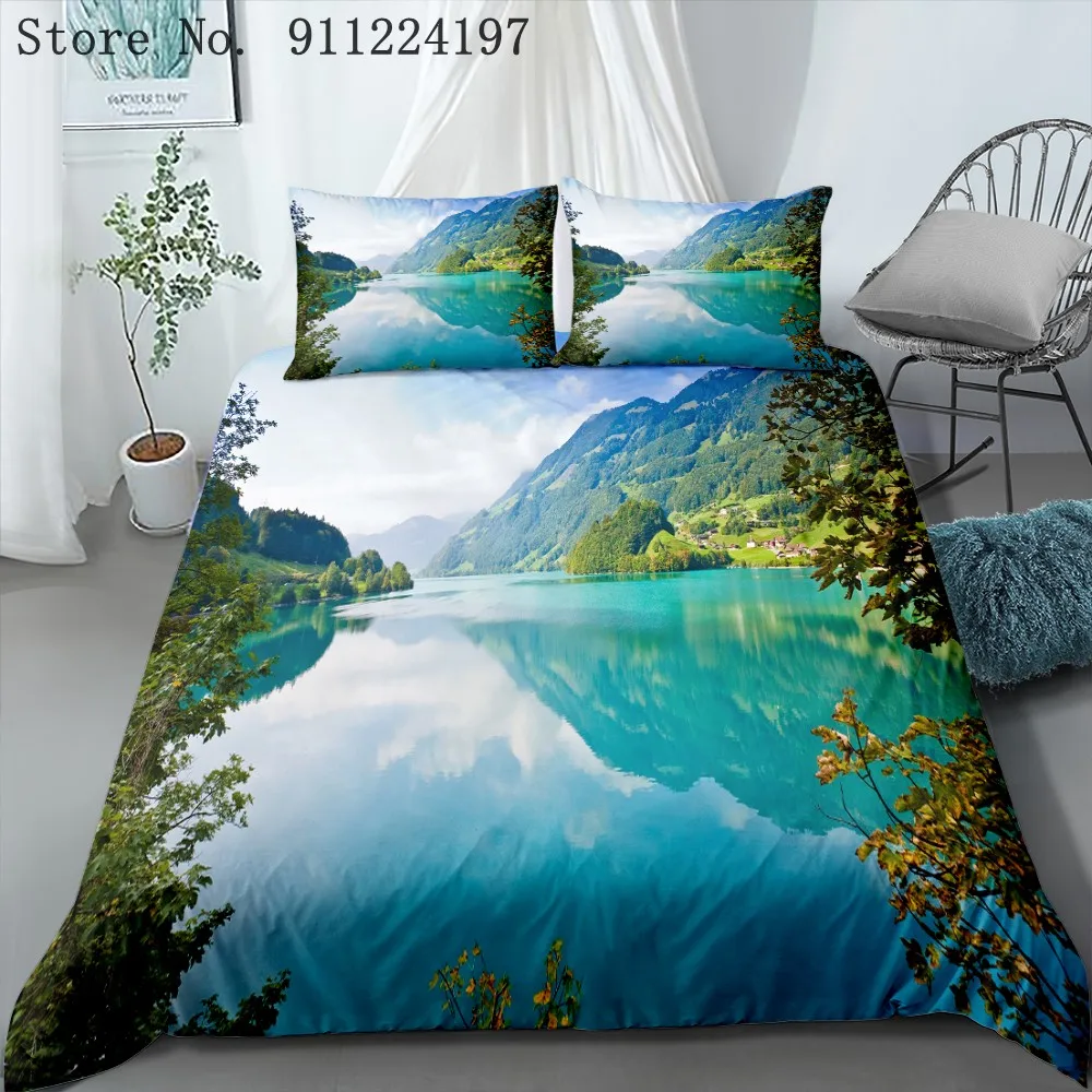 

Комплект постельного белья с 3d-изображением природного ландшафта, с принтом в виде водопада, гор, озера, леса, пляжа, пододеяльник, односпаль...