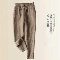 female summer cotton linen pants korean plus size 3xl khaki pencil pants girls loose slim trousers women casual lace up capri