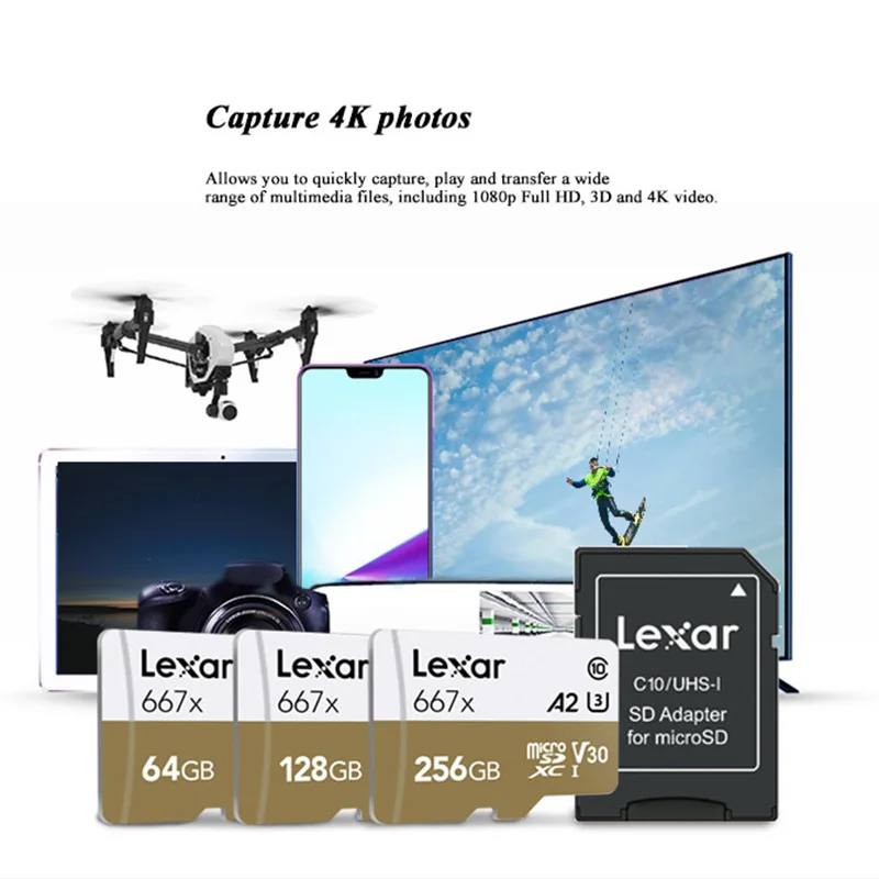 Lexar 64GB карта Micro SD карта 128 ГБ 256 667x слот для карт памяти 100 МБ/с. C10 TF карта флэш-накопитель для смартфона