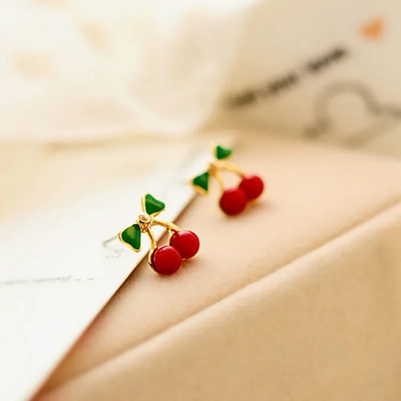 Женские серьги гвоздики Skute Delicate Tiny с капельным маслом и красными вишенками милые