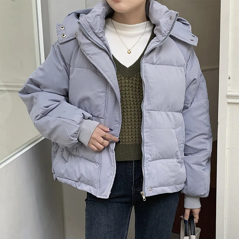 

2021 Winter Solid Color Causal Hooded Loose Padded Jacket For Women's Fashion Thicken All Match Warm Bread Coat