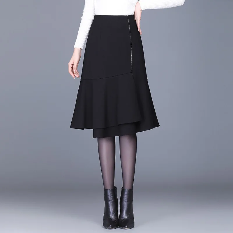 

Fashion Splice Ruffles High Waist Big Size Black Skirt Women 2021 Autumn New Elegant Chic Office Lady Slim Bodycon Skirts 6167