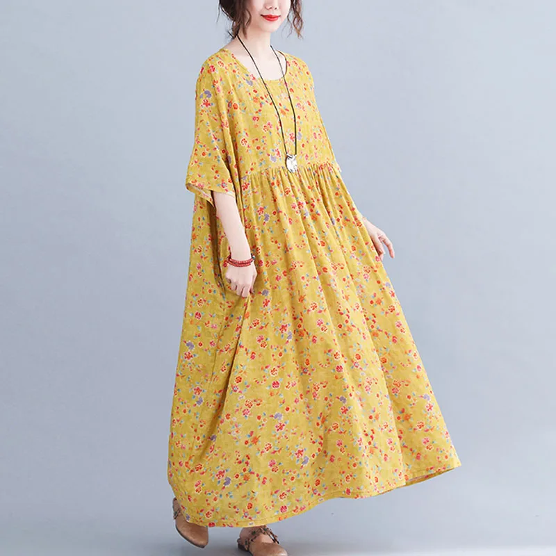 Женское платье макси из хлопка и льна с коротким рукавом в Корейском стиле одежда