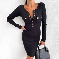 casual long sleeved ribbed elegant solid color neck evening dress womens corset dress autumn and winter hollow slim rivet dress