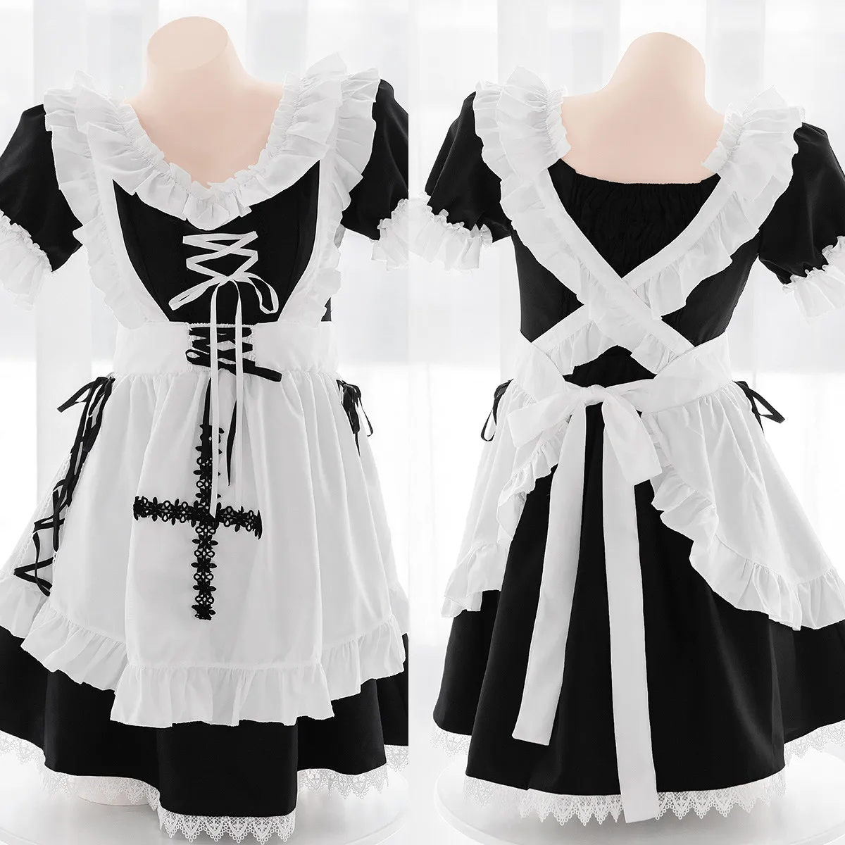 

Darkly Cross Maid Outfit Apron Cute Round Neck Dress Sweet Cosplay Gothic Maid Short Skirt Suit Frenulum Bow Kawaii Clothing