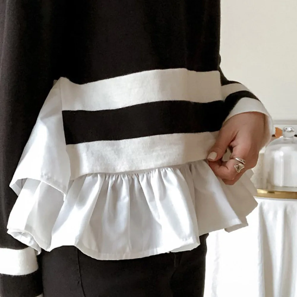 

Japan Style Sweater Spring Autumn The New Korean Fashion Simple Designer Thin Best Sellers Ruffle Splicing Round Neck
