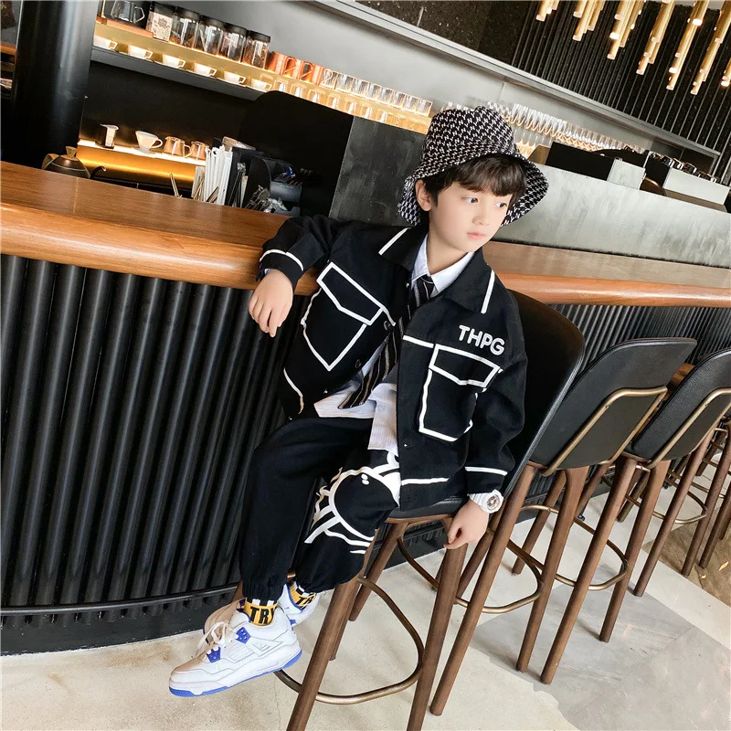 

Children's suit boys cartoon two-piece suit 2021 spring lapel shirt casual suit